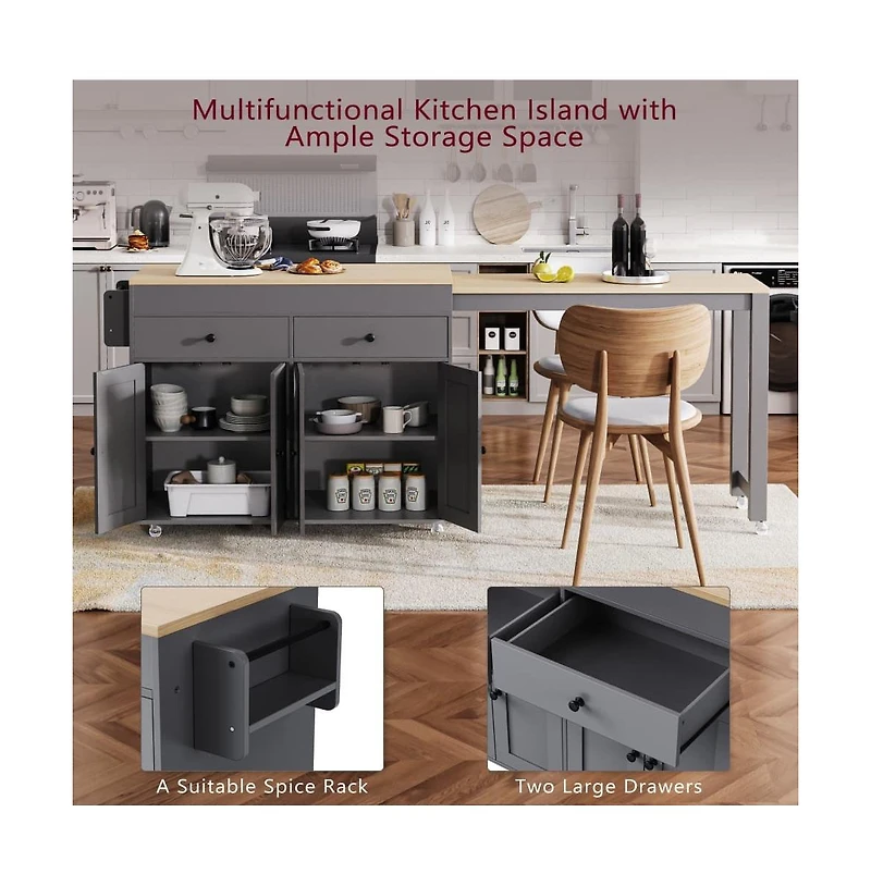 Maison Boucle 74.5" Kitchen Island with Pull-Out Dining Table, Rolling Storage Cart 2 Drawers, Cabinets & Spice Rack-Maison