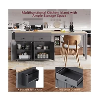 Maison Boucle 74.5" Kitchen Island with Pull-Out Dining Table, Rolling Storage Cart 2 Drawers, Cabinets & Spice Rack-Maison
