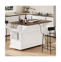 Maison Boucle 54.9" Rolling Kitchen Island with Drop Leaf & Power Outlet, Farmhouse Storage Cart with Adjustable Shelves-Maison Boucle