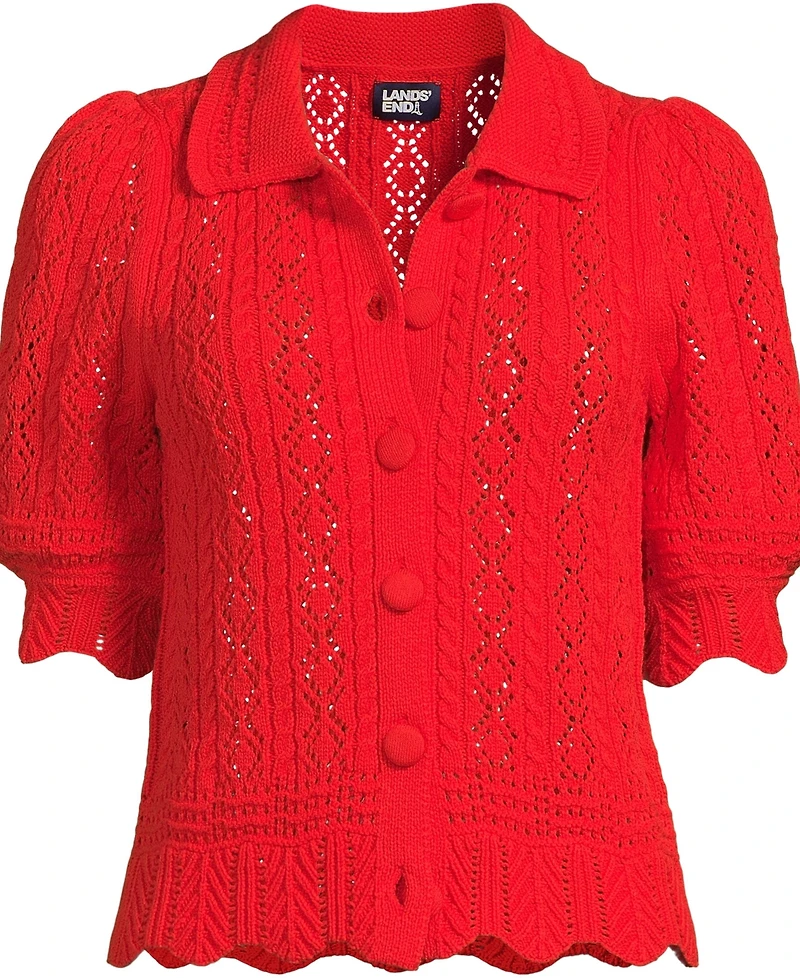 Lands' End Women's Lace Pointelle Puff Sleeve Cardigan Sweater