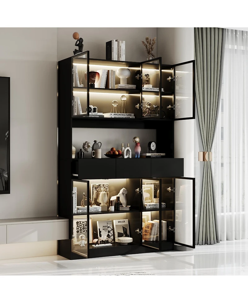 Bookshelf/Pantry with Glass Door and Led Lights for Living Room/Kitchen