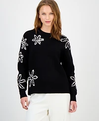 T Tahari Women's Floral-Embroidered Crewneck Sweater