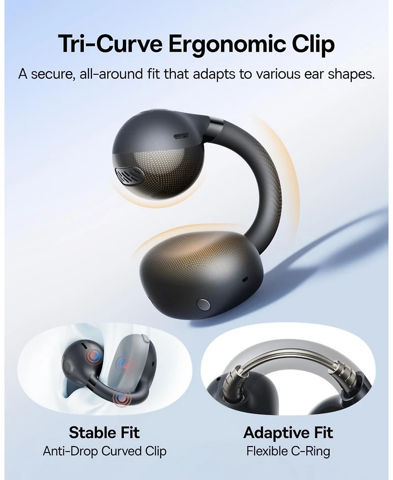 Baseus Bass BC1 Open Ear Earbuds Clip-On Headphones, Open-Ring Comfort with Tri-Curve Snug Clip,4-Mic Clear Calls, IP55 Waterproof, 38H Playtime