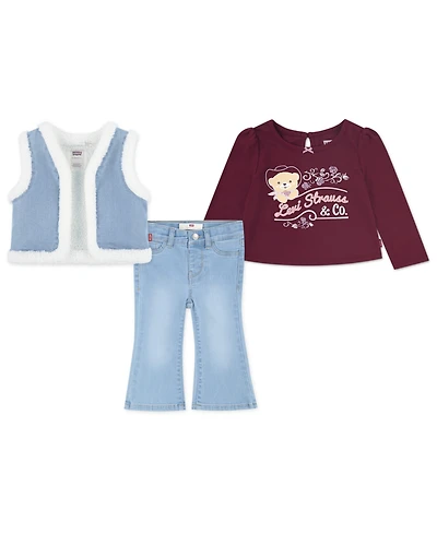 Levi's Baby Girls 3-Piece Minky Sherpa Top, Vest and Pant Set