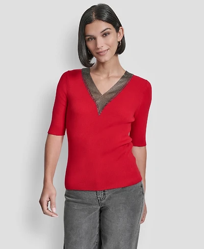 Dkny Women's Embellished-Neck Half-Sleeve Ribbed Sweater