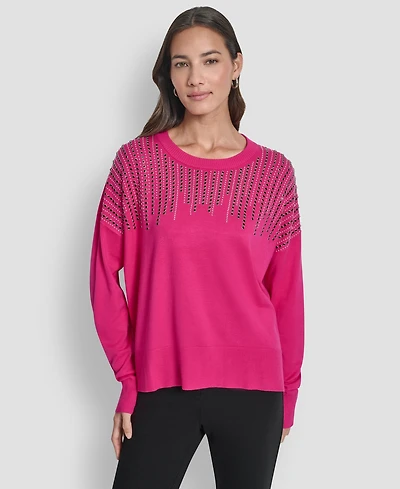 Dkny Women's Hotfix Fringe Long Sleeve Sweater