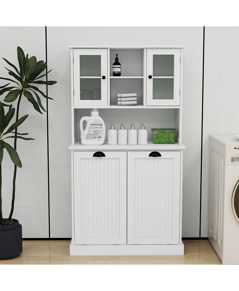 Casainc Tall Tilt-Out Laundry Cabinet with 2 Compartments and Adjustable Shelves