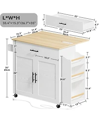 Kitchen Island with Storage, Drop Leaf, 3 Open Spice Rack Shelf, White