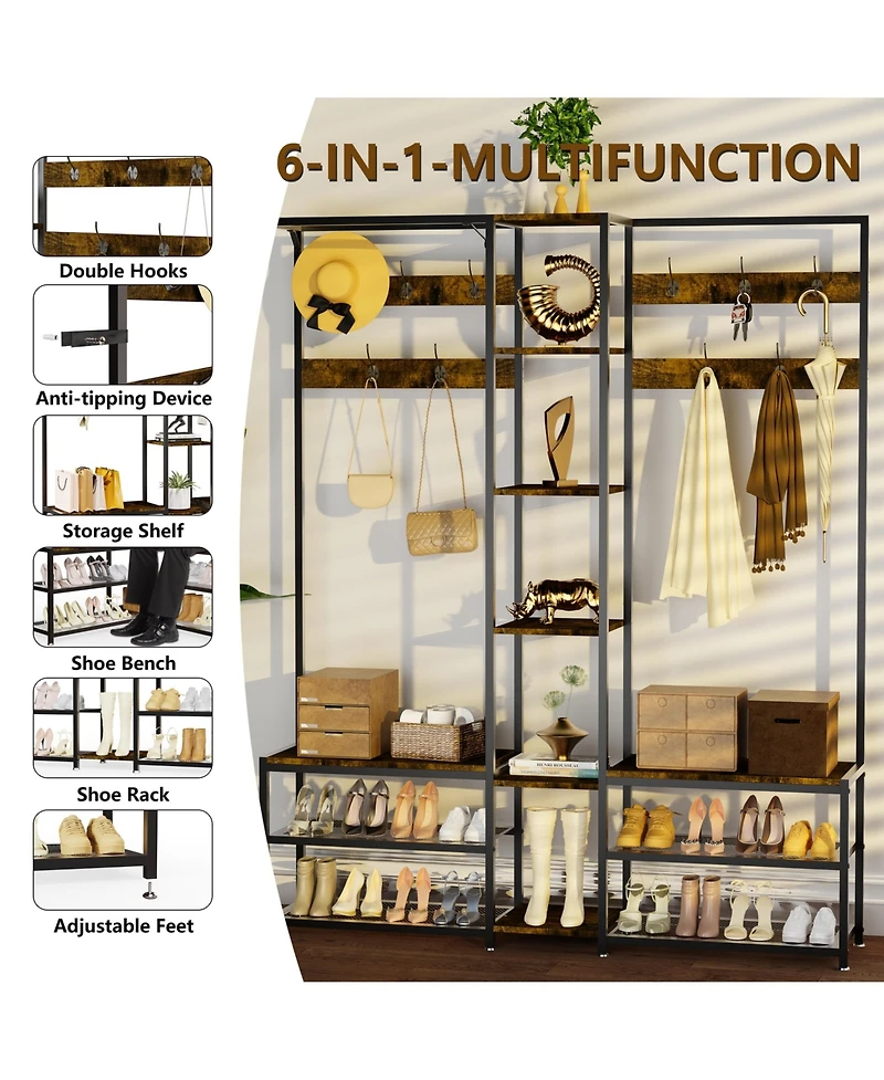 Unho 6 in 1 Coat Rack Shoe Bench Coat Rack Hall Tree with Bench Entryway Corner Coat Stand Large Organizer