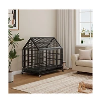 Aostirmotor Black Metal 48 in. Heavy Duty Dog Crate with Wheels, Folding Big Dog Cage with a pointed roof and Removable Tray