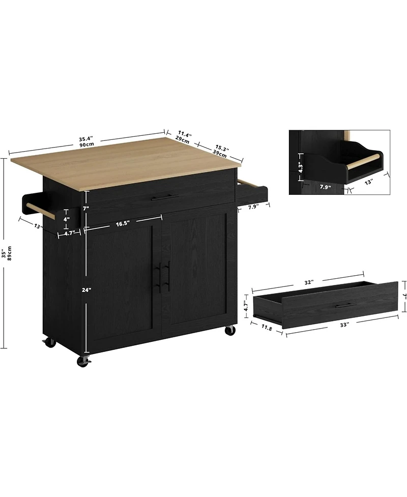 Ironck Rolling Kitchen Island with Drop Leaf, Storage Cabinet, Drawer, Black