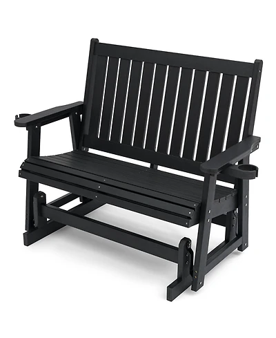 2-Seat Patio Glider Hips Rocking Chair with Removable cup holder，All-Weather Resistant Bench with Back & Hips Comfortable Support，Heavy