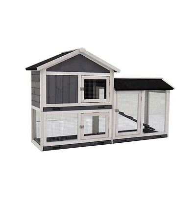 Aostirmotor Outdoor Gray Wood Pet House with Run and Deeper No Leak Tray Removable Bottom Wire Mesh for Small Animals