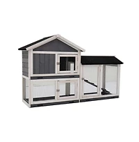 Aostirmotor Outdoor Gray Wood Pet House with Run and Deeper No Leak Tray Removable Bottom Wire Mesh for Small Animals