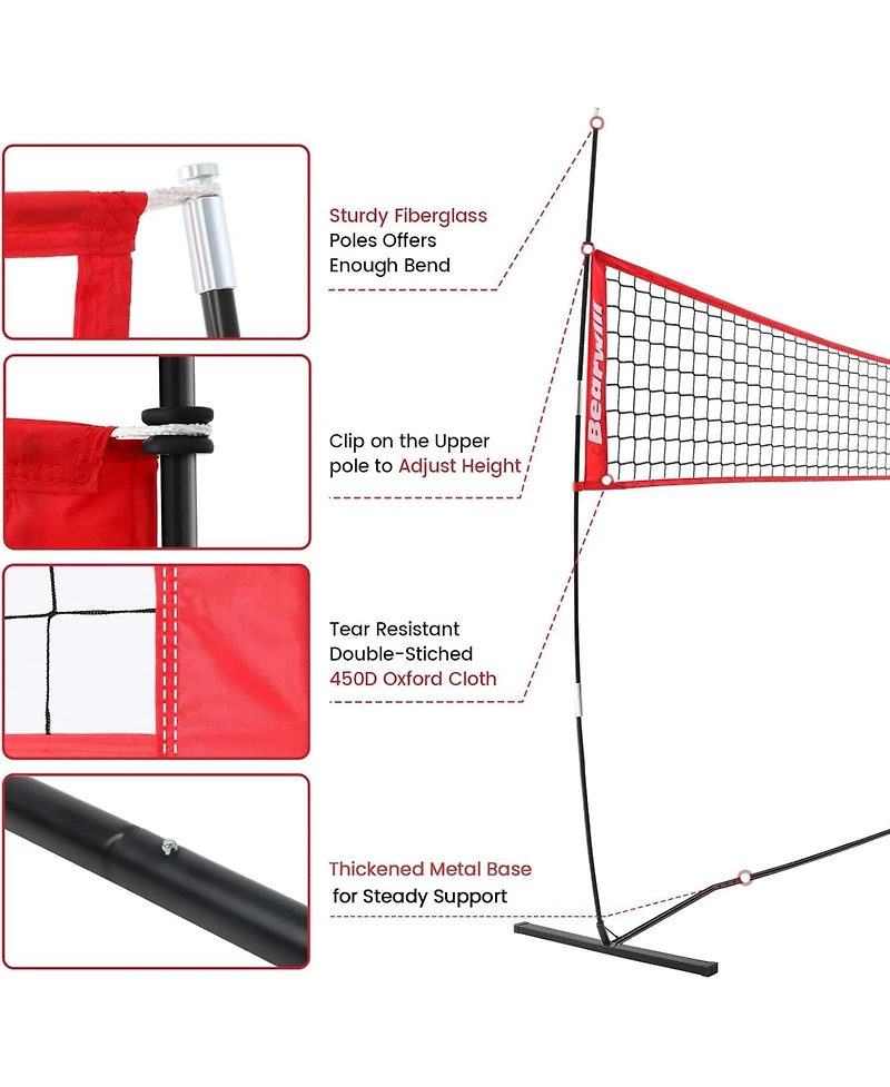 Bearwill 12FT Portable Volleyball Net Set - Freestanding, Height Adjustable, Includes Carry Bag - for Backyard, Indoor & Outdoor Practice