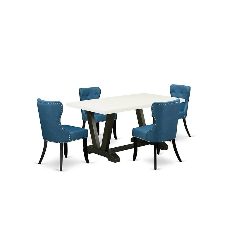 East West Furniture 5-Piece Modern Dining Set- 4 Parson Chairs with Blue Linen Fabric Seat and Button Tufted Chair Back