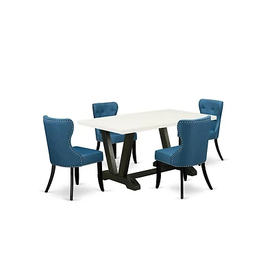 East West Furniture 5-Piece Modern Dining Set- 4 Parson Chairs with Blue Linen Fabric Seat and Button Tufted Chair Back