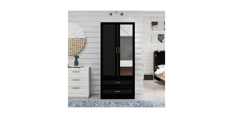 Freestanding Wardrobe Cabinet with Mirror, Clothes Rod, and Storage Drawer Space