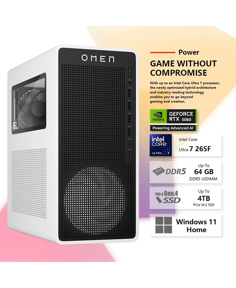 Hp Omen 16L Gaming Tower Desktop Intel Core Ultra 7 265F 8GB Ram Nvidia GeForce Rtx 5060 512GB Ssd Storage Windows 11 Home - Black