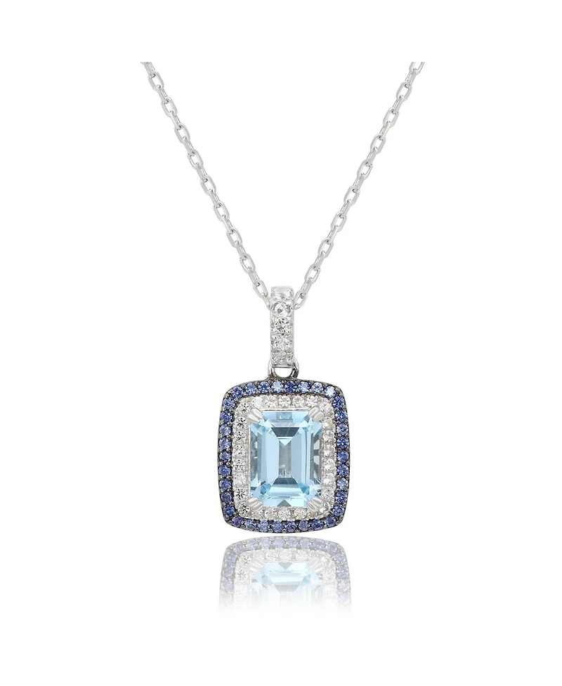 Suzy Levian Sterling Silver Emerald Cut Topaz And Sapphire Double Halo Pendant