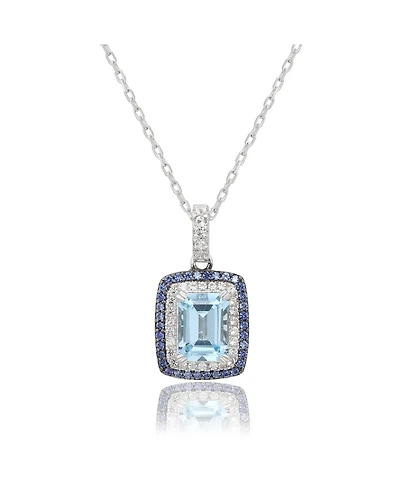 Suzy Levian Sterling Silver Emerald Cut Topaz And Sapphire Double Halo Pendant
