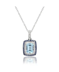 Suzy Levian Sterling Silver Emerald Cut Topaz And Sapphire Double Halo Pendant