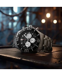 Stuhrling 1022 Men s Chronograph Watch Quartz Movement Black Dial Silver Subdials Black Bezel Stainless Steel Case and Bracelet 50M Water Resistant