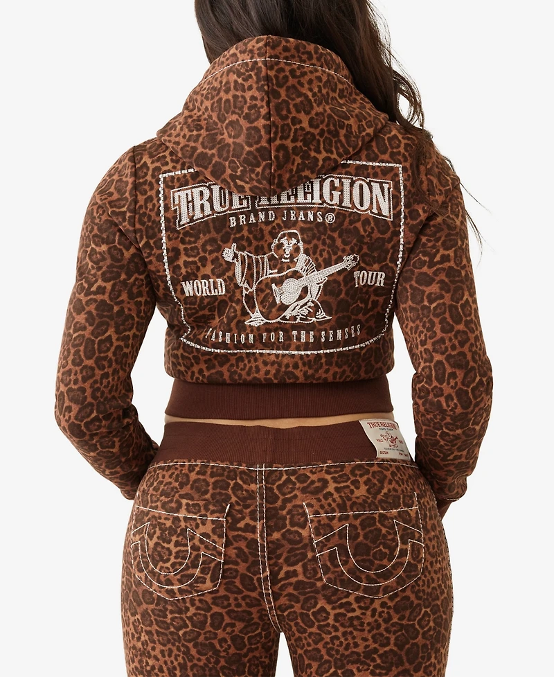 True Religion Women's Big T Crystal Leopard Shrunken Hoodie