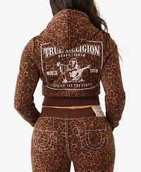 True Religion Women's Big T Crystal Leopard Shrunken Hoodie