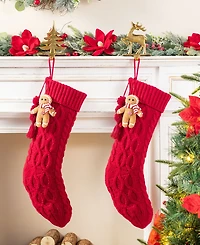 Glitzhome 22" Knitted Christmas Stocking with Complimentary Gingerbread Man Ornament