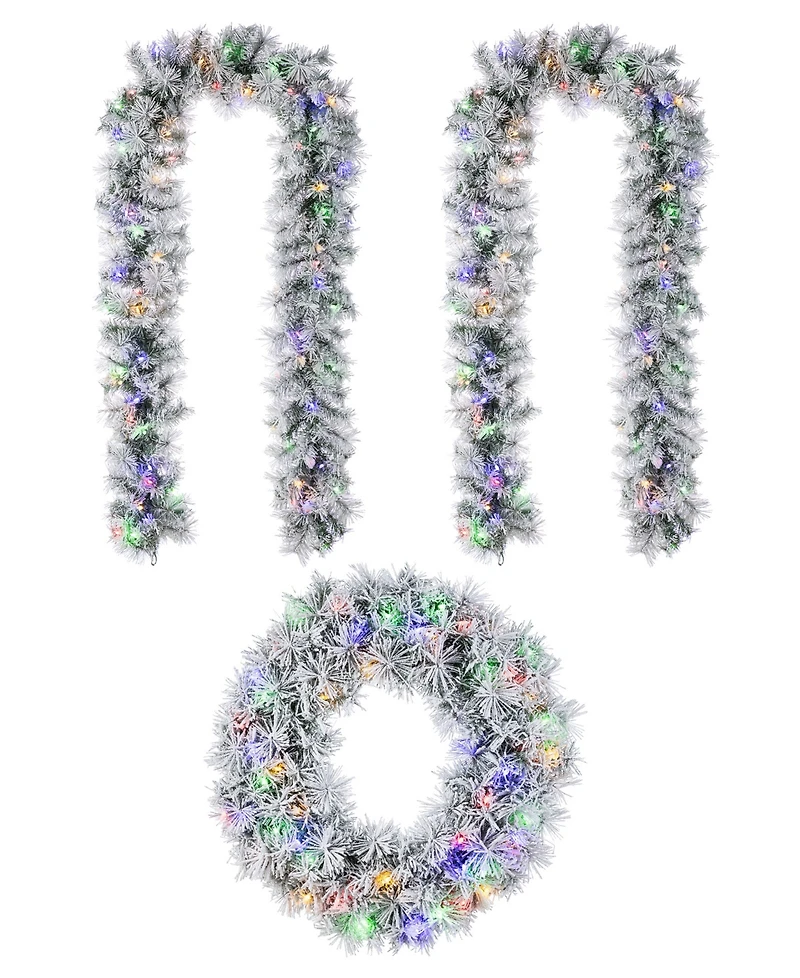 Glitzhome Pre-Lit Snow Flocked Greenery Pine Christmas Wreath Matched Garlands, Set of 3