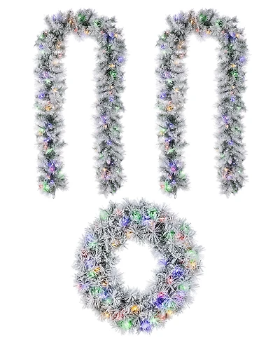 Glitzhome Pre-Lit Snow Flocked Greenery Pine Christmas Wreath Matched Garlands, Set of 3