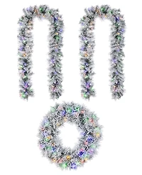 Glitzhome Pre-Lit Snow Flocked Greenery Pine Christmas Wreath Matched Garlands, Set of 3