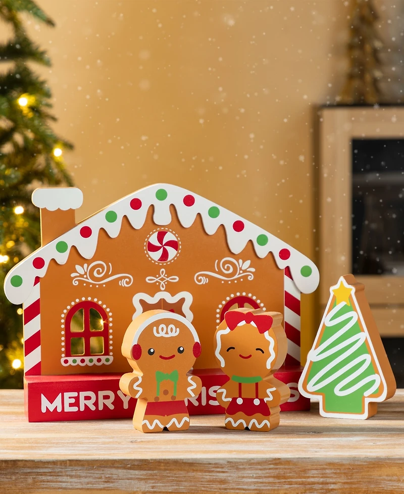 Glitzhome Wooden Christmas Gingerbread House Table Decor, Set of 4
