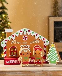 Glitzhome Wooden Christmas Gingerbread House Table Decor, Set of 4