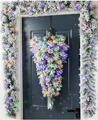 Glitzhome Pre-Lit Snow Flocked Greenery Pine Christmas Teardrop and Matched Garlands, Set of 3