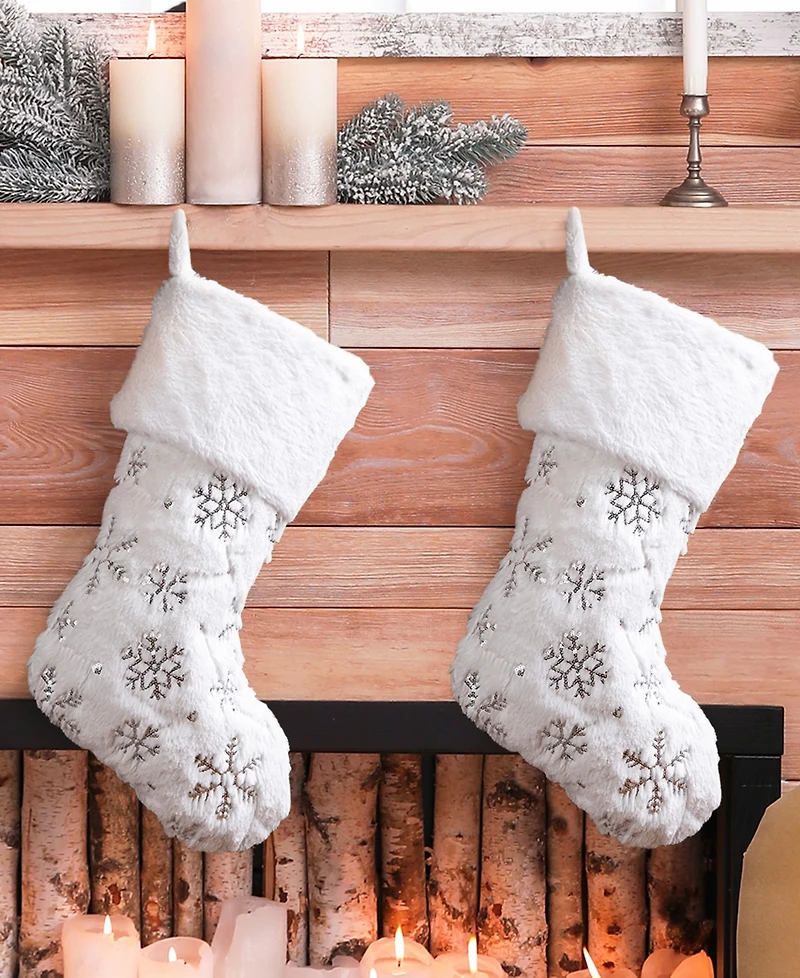 Glitzhome Plush with Snowflake Christmas Stockings, Set of 4