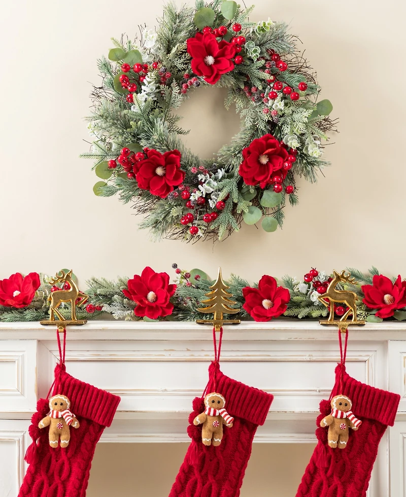 Glitzhome Christmas Mangnolia Berry Wreath and Matched Garlands, Set of 3