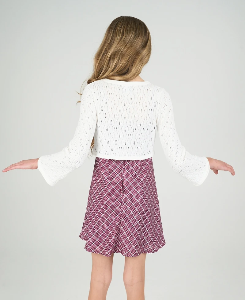 Rare Editions Big Girls 2-Piece Plaid Dress with Pointelle Tie Front Cardigan Set