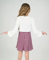 Rare Editions Big Girls 2-Piece Plaid Dress with Pointelle Tie Front Cardigan Set
