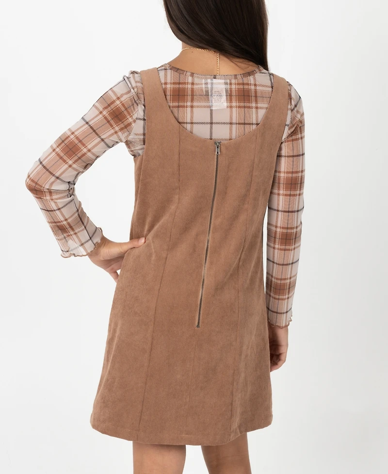 Rare Editions Big Girl 2-Piece Corduroy Dress over Plaid Mesh Top with Necklace Set