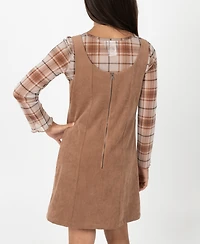 Rare Editions Big Girl 2-Piece Corduroy Dress over Plaid Mesh Top with Necklace Set
