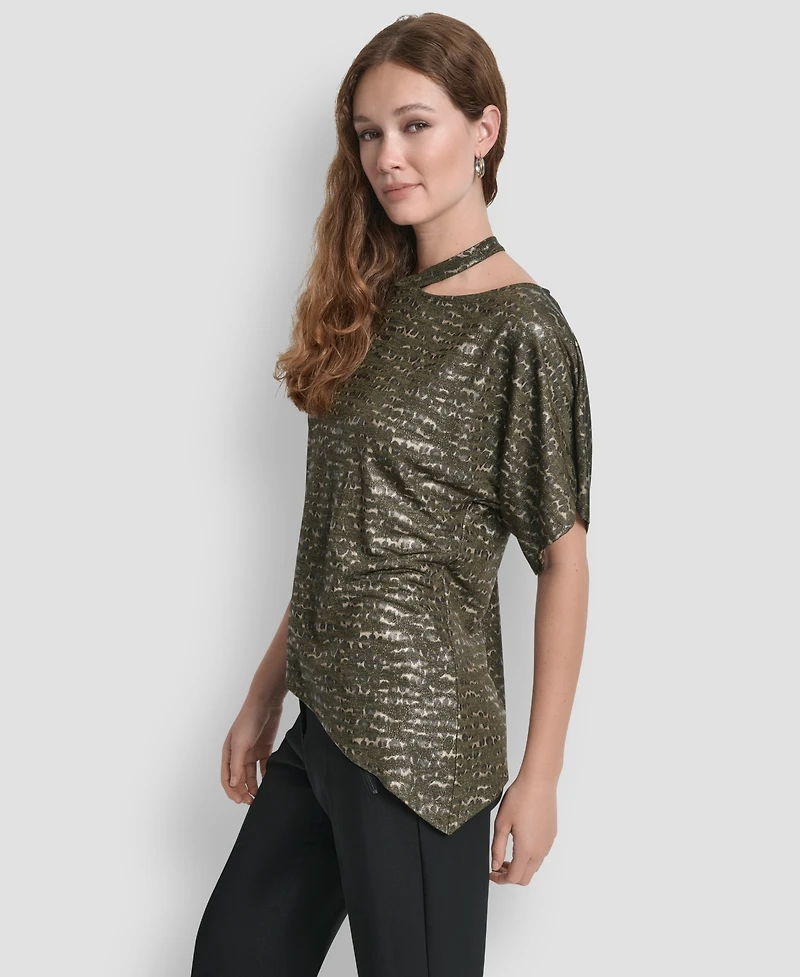 Dkny Women's Short Sleeves Cut Foil Printed Top