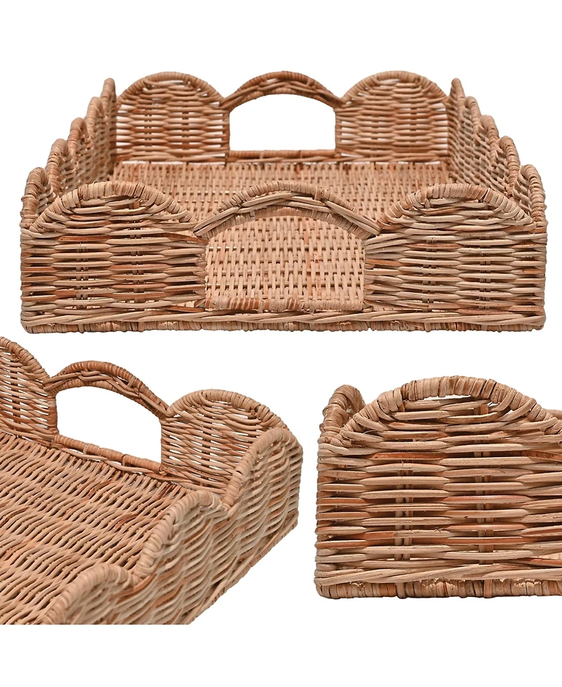 Jonathan Y Scalloped Southwestern Cottage Hand-Woven Rattan Tray with Handles