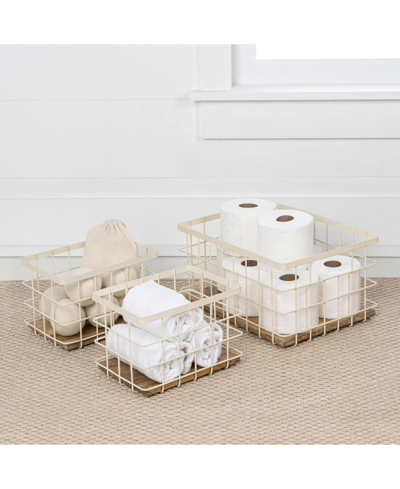 Happimess Evvie Vintage Farmhouse Handmade Wire Metal Nesting Storage Baskets with Wood Base, (Set of 3)
