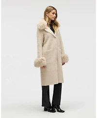 Nvlt Women's Longline Elegant Coatigan with Detachable Fur Collar and Cuffs