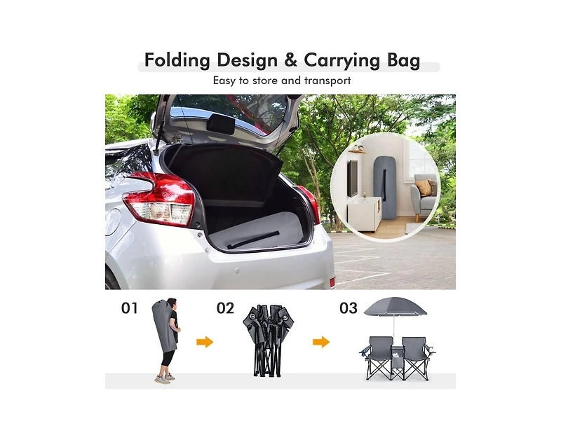 Akiudex portable folding picnic double chair with removable umbrella
