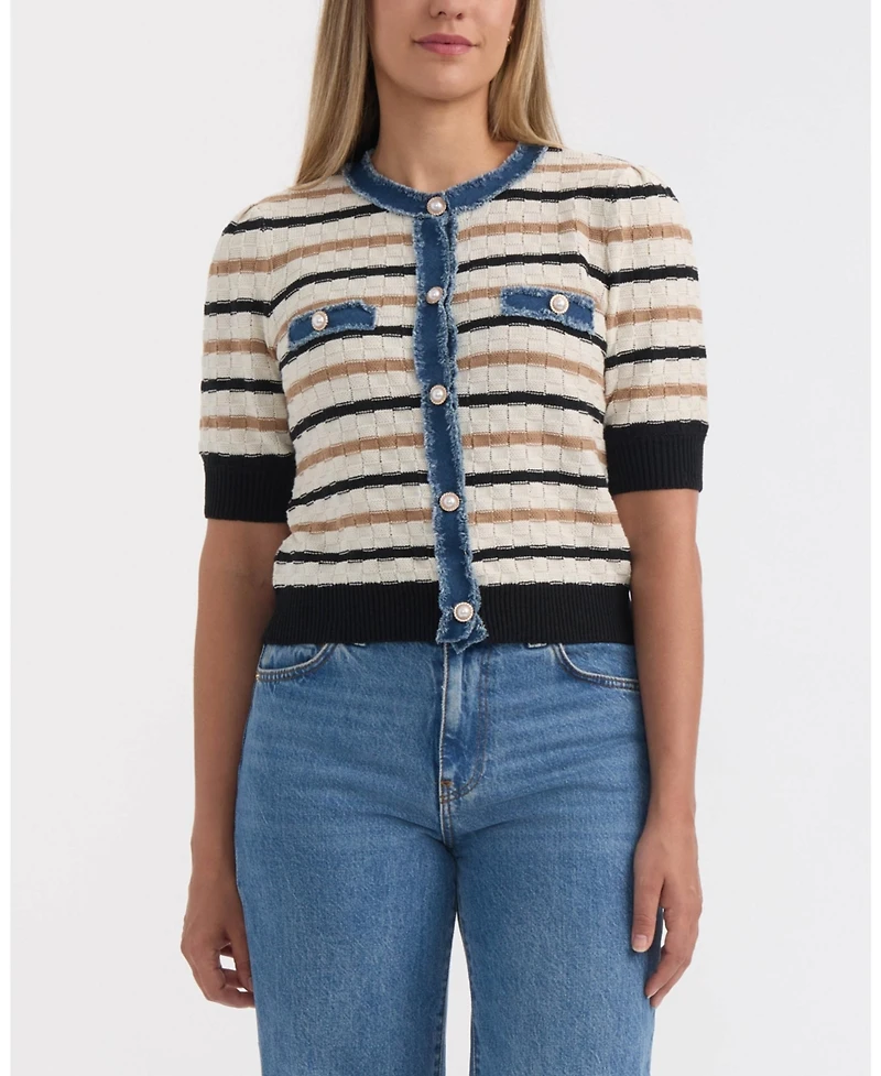 Ellen Tracy Women's Short Sleeve Cardigan With Denim Trim