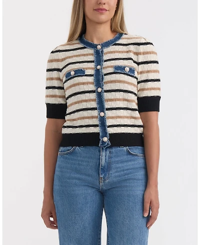 Ellen Tracy Women's Short Sleeve Cardigan With Denim Trim