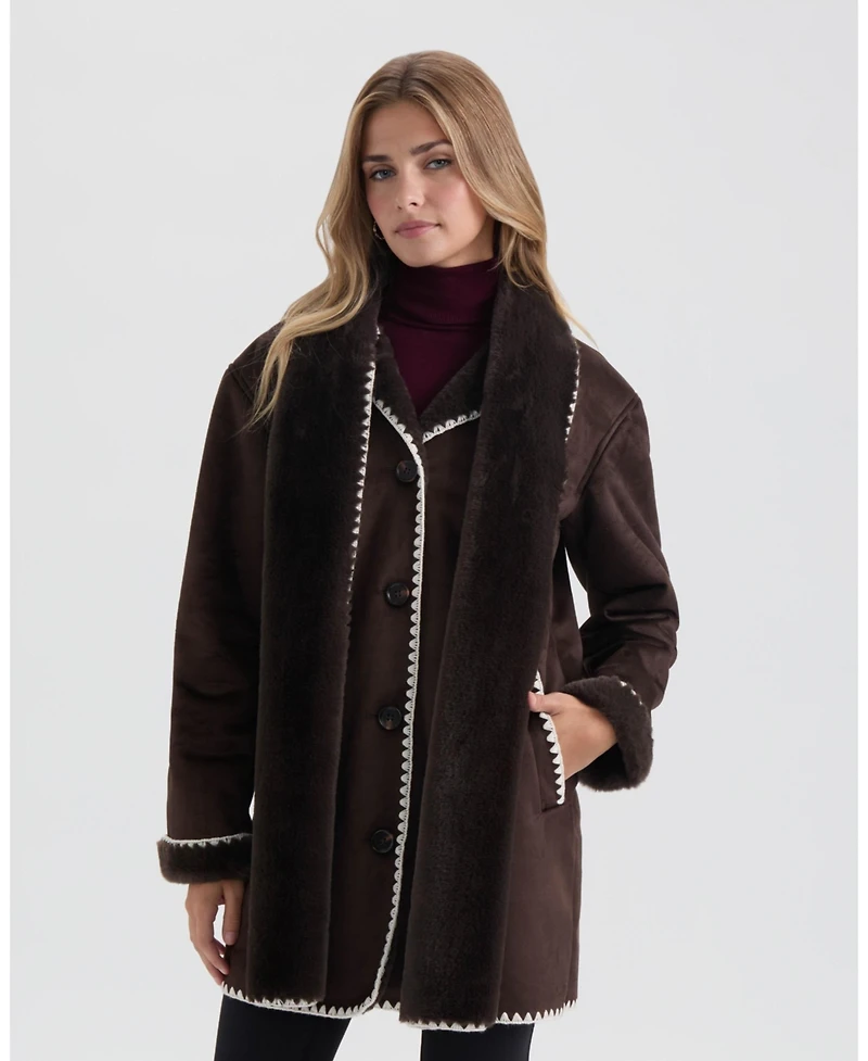 Ellen Tracy Women's Shearling Scarf Jacket with Contrast Stitching